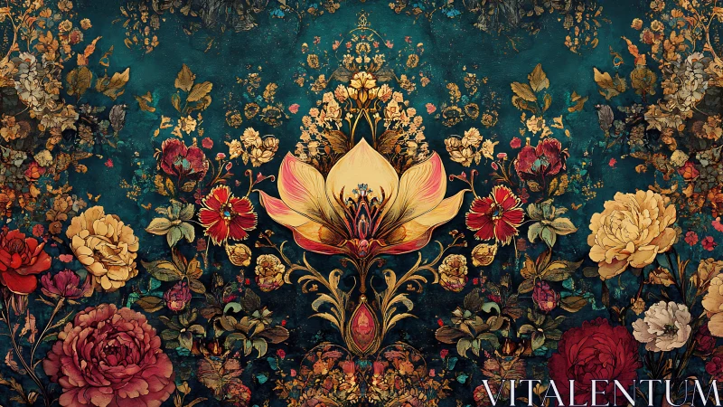 Ornamental Lotus Blooms Golden Garden on Teal.