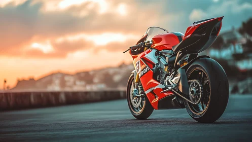 Sunset predator superbike poised on an open coastal road.