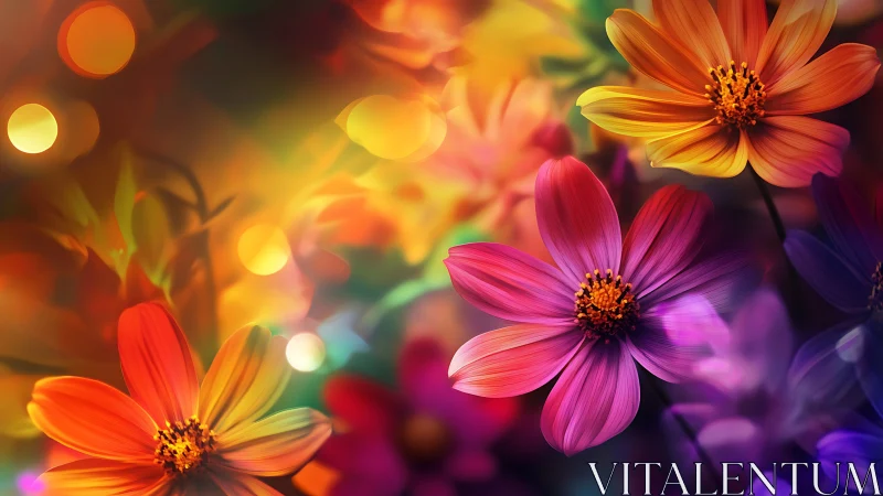Cosmos flowers rendered with chromatic gradient and bokeh effects