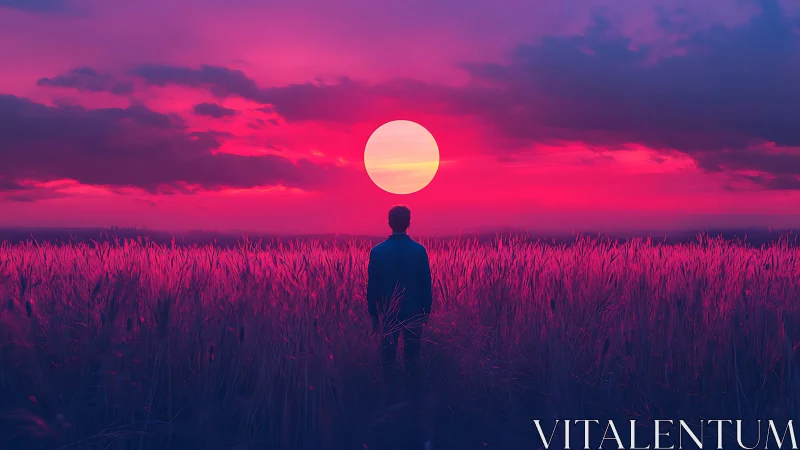 Solitary figure stands in illuminated field under circular sun