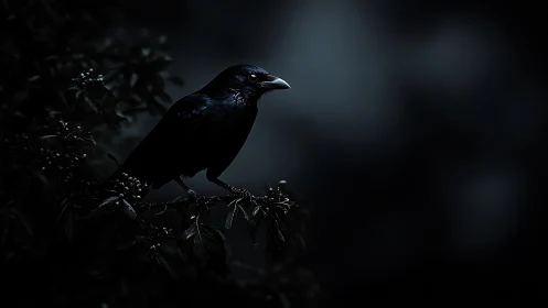 Black Crow Perched on Dark Branch in Moody Lighting
