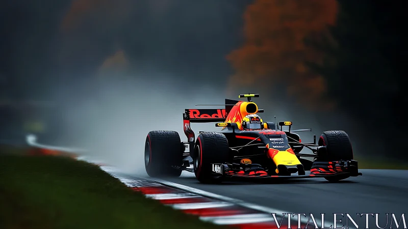 Rain-slicing Formula racer streaking through misted asphalt.