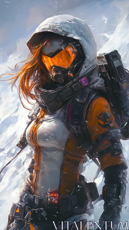 Storm-bright explorer strides through a frozen frontier.