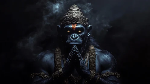 Simian humanoid figure poses in prayer with ornate headdress