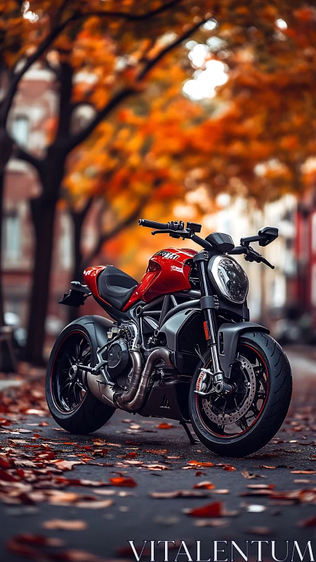 Red sport motorcycle stands on city street with autumn trees