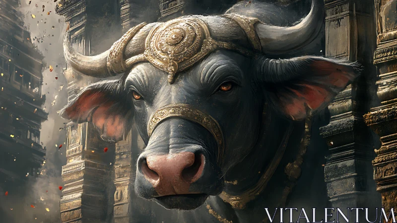 Ornate armored water buffalo emerging from carved stone temple