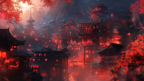 Digital painting of red lantern pagoda city in misty valley night.