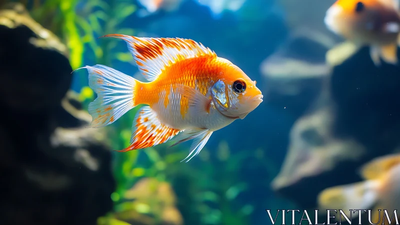 Orange and white tropical fish swims in a planted aquarium