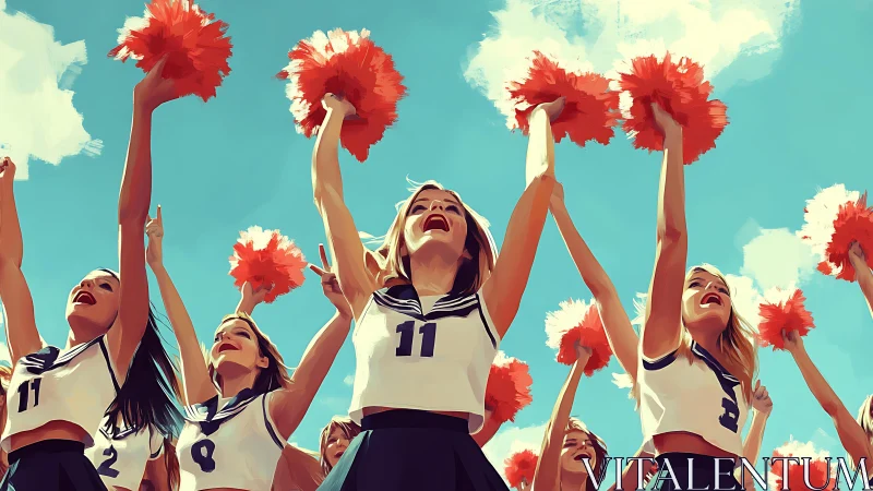 Cheer squad lifts orange pom poms under vivid blue sky.