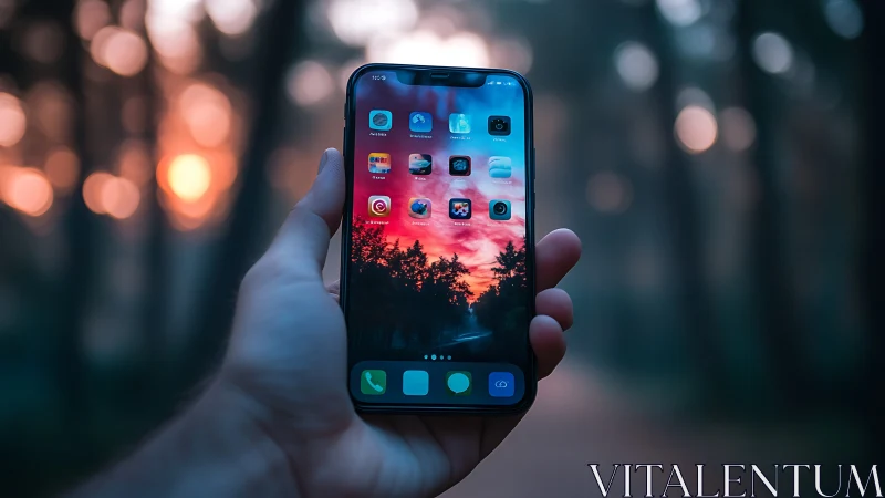 Hand Holds iPhone with Forest Sunset Wallpaper in Evening Light