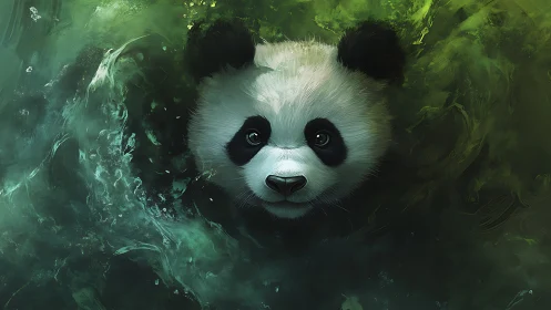 Panda portrait emerges through swirling emerald water. Period.