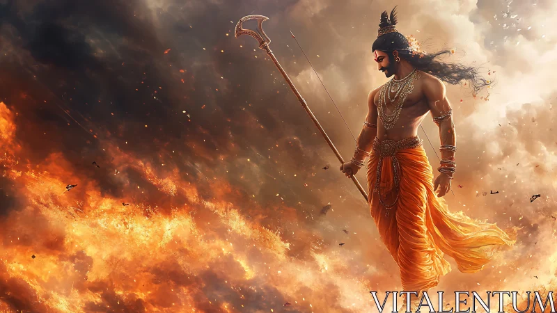 Divine warrior strides through firelit storm in heroic calm