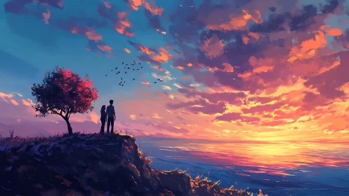 Sunset couple silhouette on cliff with vivid painted sky.