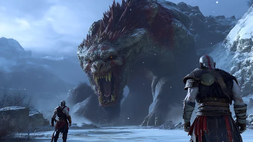 Frostbitten warriors confront colossal mountain-scaled beast.