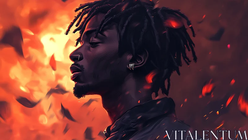 Profile portrait stands against blazing orange ember storm