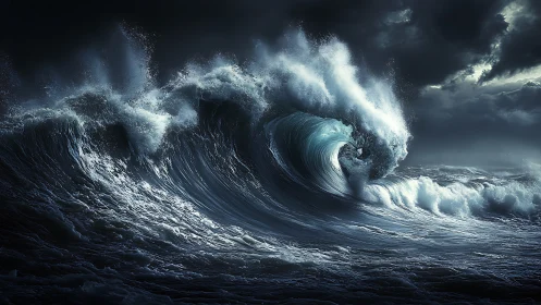 Tempest-tossed ocean crest under dramatic storm lighting.