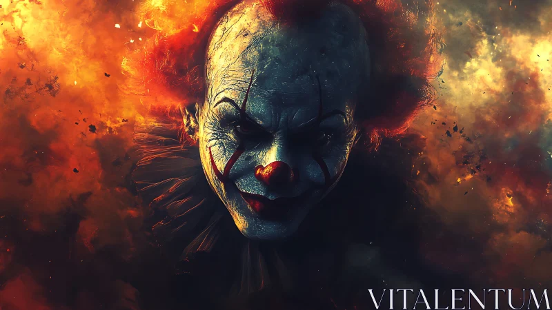 Sinister clown portrait in dark fiery smoke background.