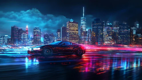 Neon night skyline races beside a streaking cyber sportscar