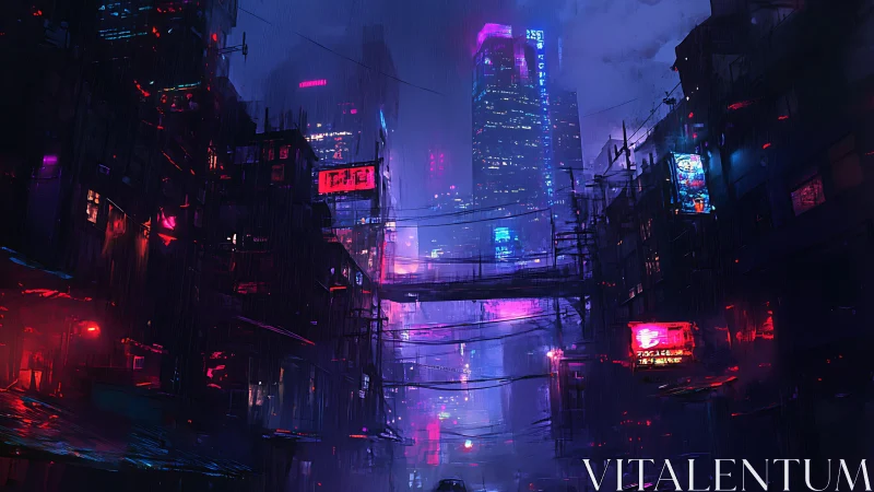 Neon-soaked cyberpunk alley under towering rainy megacity.