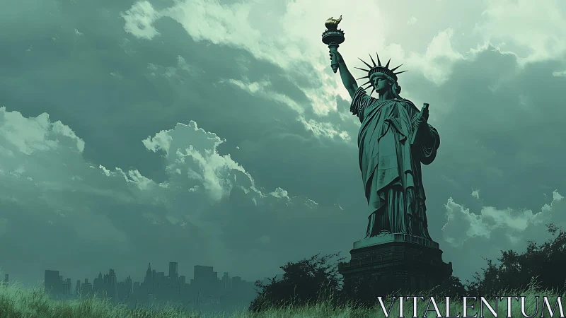 Monochrome atmospheric study of Liberty statue and skyline.