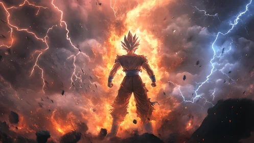 Backlit warrior amid lightning and divided storm sky.