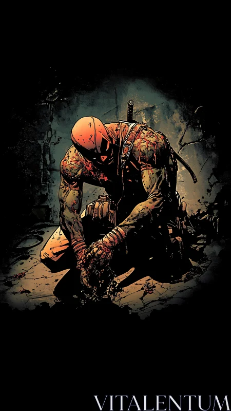 Battle worn antihero kneels alone in a bloodstained ruin