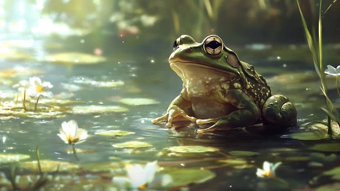 Golden-eyed pond frog basking in dreamy morning light.
