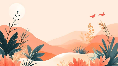 Soft sunrise glows over gentle hills and lush wild plants