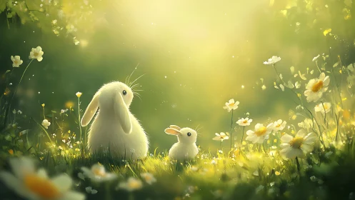 Gentle rabbit duo in glowing wildflower meadow light.