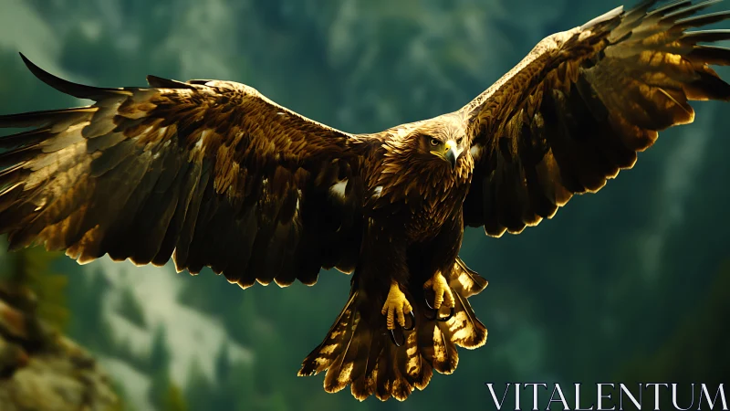 Majestic Golden Eagle in Flight Over Mountain Landscape, Realistic Photo.