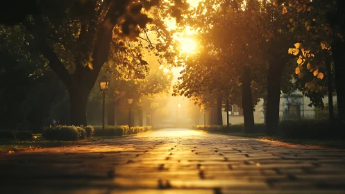Sunlit park pathway shows low-angle view of trees and paving