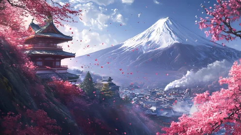 Snowcapped mountain rises over cherry blossom temple valley
