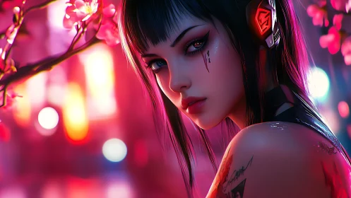 Neon city night welcomes a cyberpunk girl among blossoms