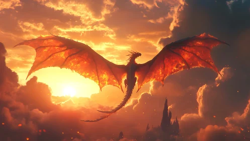 Fiery dragon soars across blazing sunset sky in flight.