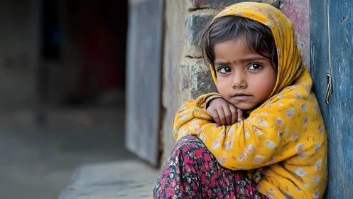 Quiet village portrait of girl in yellow patterned shawl.