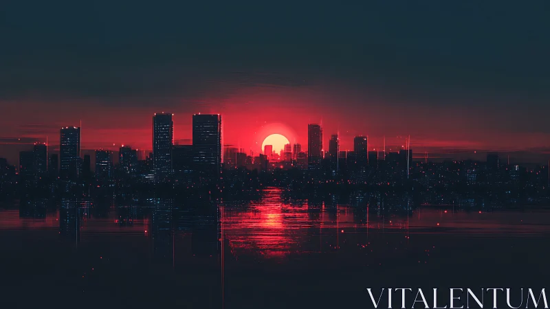 Cybernetic skyline under crimson glitch sunset horizon.