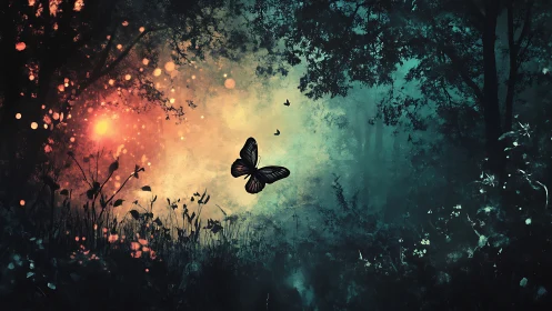 Butterfly silhouette in glowing dusk and dark forest.
