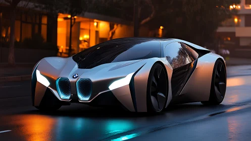 Futuristic BMW concept car glows on a wet city street.