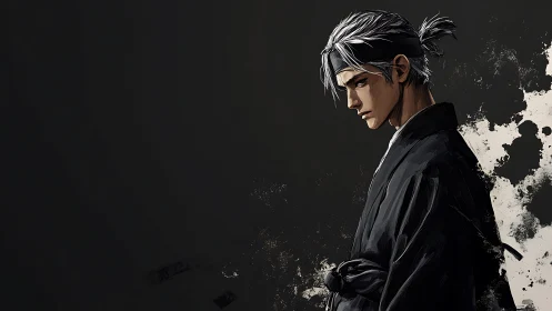 Monochrome anime swordsman profile with textured ink effects