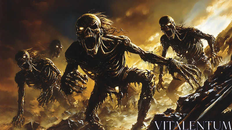 Storm-lit skeletal horde surging through a burning wasteland.
