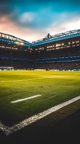 Sunset glow over a vibrant football stadium pitch.