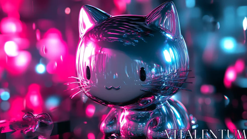 Chromed glass cat figurine under neon bokeh with reflective caustics