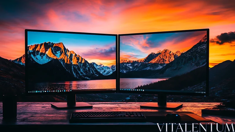 Dual ultra-wide monitors mirroring alpine sunset panorama.