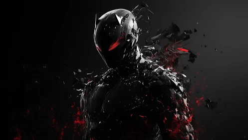 Shattered cyber hero emerging from shadows in burning red light.