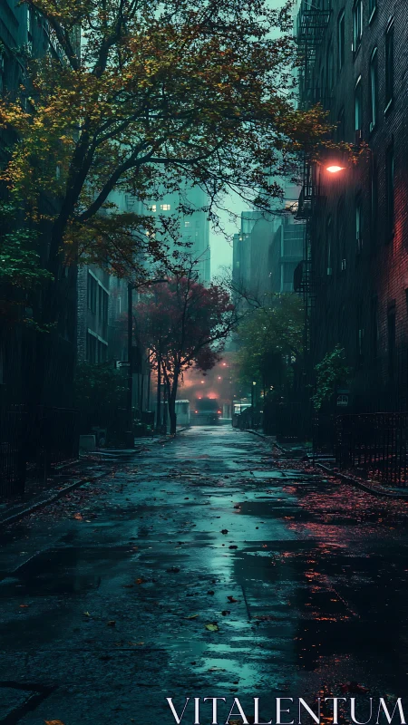 Cinematic rainy alleyway with moody urban foliage framing depth.