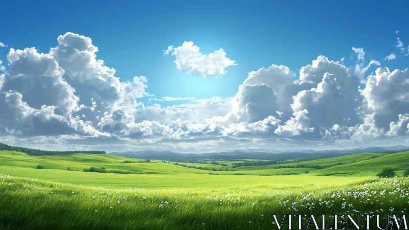 Sunlit green meadows roll beneath towering summer clouds.