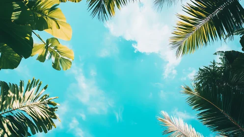 Tropical palm canopy frames vibrant turquoise daytime sky