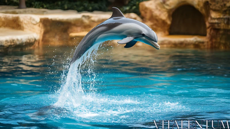 Leaping bottlenose dolphin above bright blue pool water.