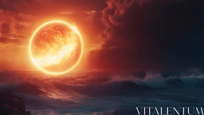 Furious sun-orb kissing stormy ocean horizons at dusk.
