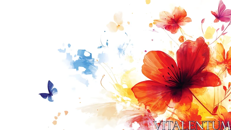 Watercolor Floral Burst. Red Blooms Dance Against White Space.